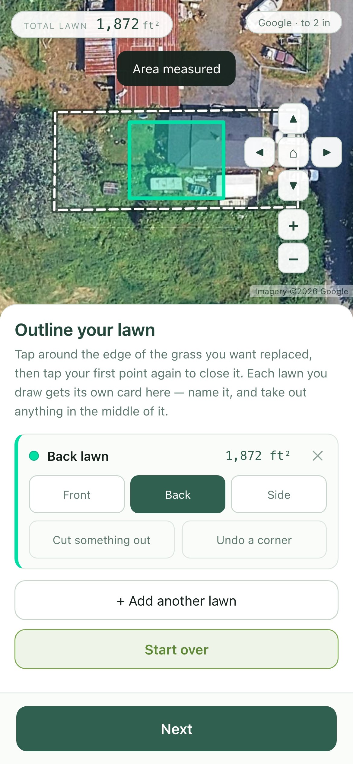Actual Pristine Turf web estimator showing an aerial property outline
